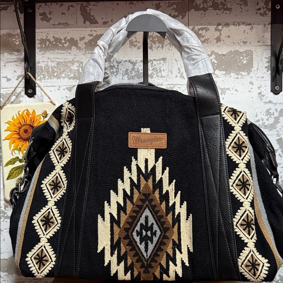 Wrangler Handbags - Wrangler Black Duffel with Tan and Cream Aztec Embroidery
